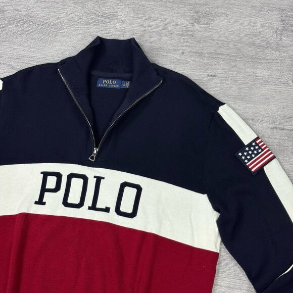 Polo Ralph Lauren Mens 1/4 Zip Sweater USA Flag Colorblock Spellout Sz L PREPPY - Picture 6 of 12